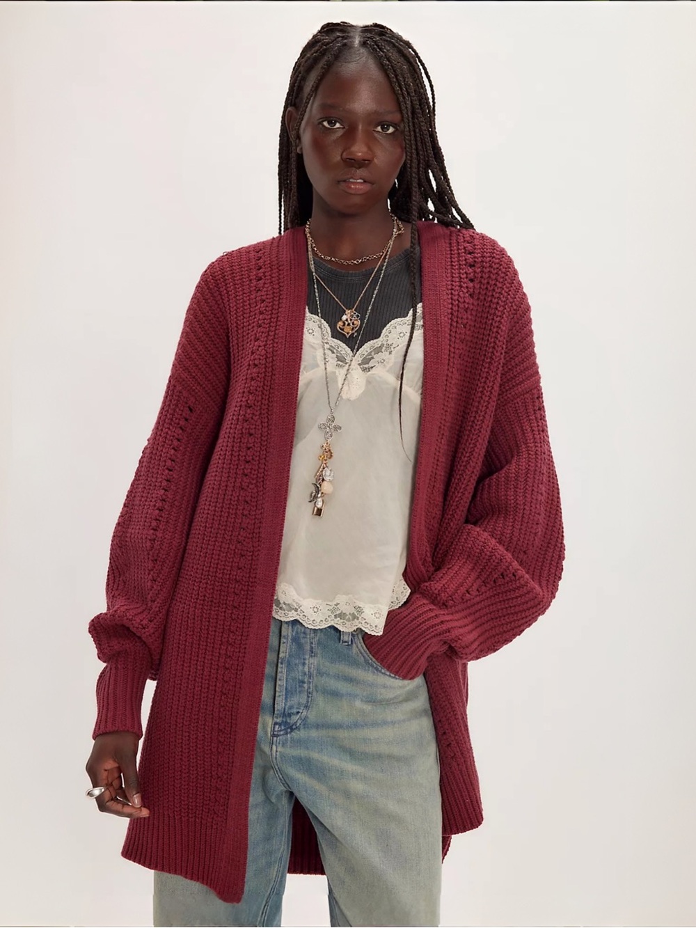 Free People Nightingale Chunky Knit Oversized Cardigan | Cabernet | XS